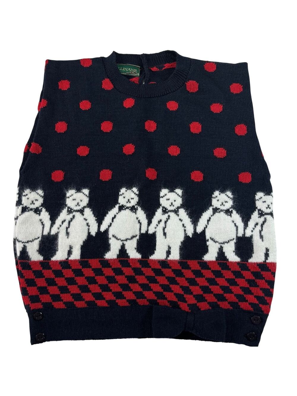 Vintage Cullinane Teddy Bear Wool Knit Sweater Vest, Navy Blue, Red, Size M, USA